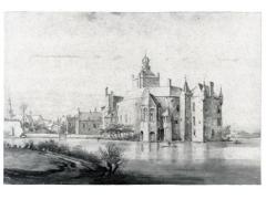 Kasteel Montfoort in Montfoort voordat de Fransen het bouwwerk verwoestten. Van het oorspronkelijke gebouw resteert nu alleen de voorpoort – Tekening van Roelant Roghman, 1646-1647 (bron: Nederlandse Kastelenstichting).